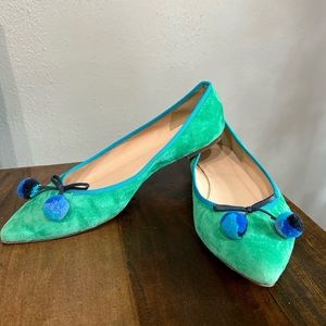 J Crew teal green and blue pointed toe flat dress shoes Pom Pom accents size 9.5